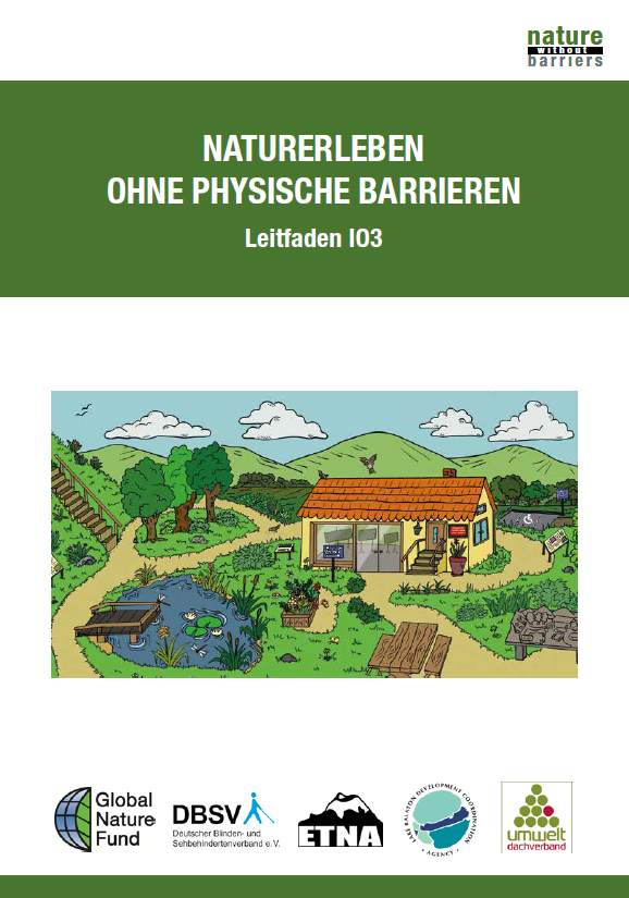 Titelblatt der Broschüre zum Abbau von physischen Barrieren. Oben - Zeichnung eines Naturschutzzentrums mit Grünanlage, unten - Titel der Broschüre.