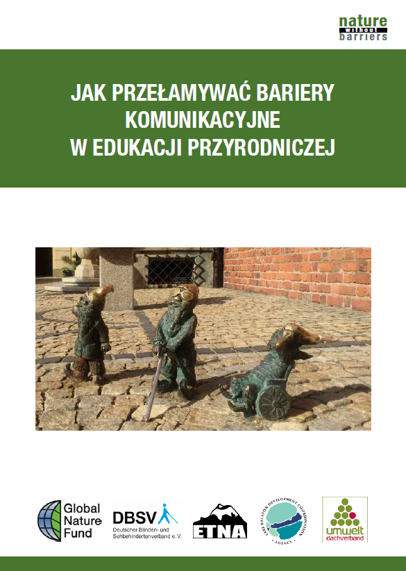 Strona tytułowa broszury na temat usuwania barier komunikacyjnych. Na zdjęciu są figury wykonane z metalu, aby poczuć się na drodze.