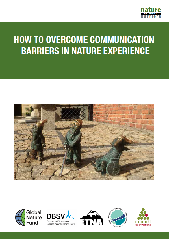 Cover page of the guideline on elimination of communication barriers shows metal figures to touch on the street.